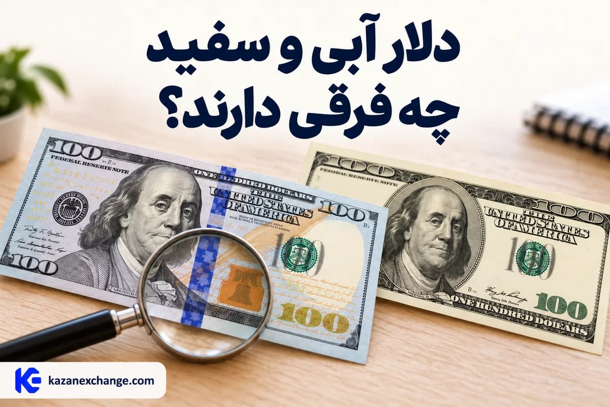 اسکناس صد دلاری آبی و طرح قدیمی سفید در کنار ذره‌بین؛ دلار آبی و سفید چه فرقی دارند؟