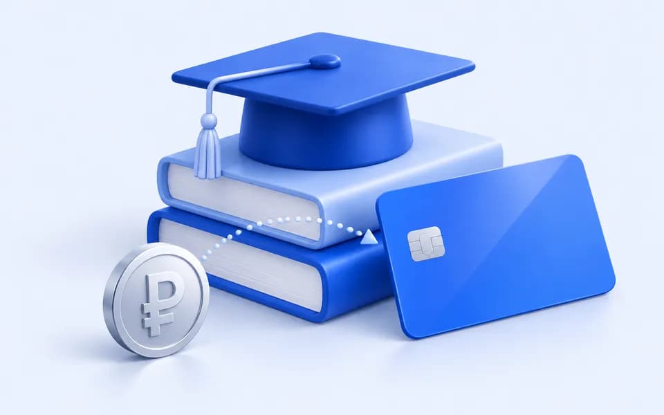 کارت بانکی و کلاه فارغ‌التحصیلی کنار نماد روبل