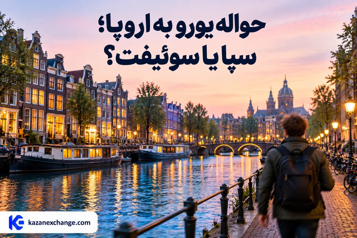 خیابان کنار کانال در یک شهر اروپایی هنگام غروب و رهگذری با کولهپشتی؛ حواله یورو به اروپا با سپا یا سوئیفت