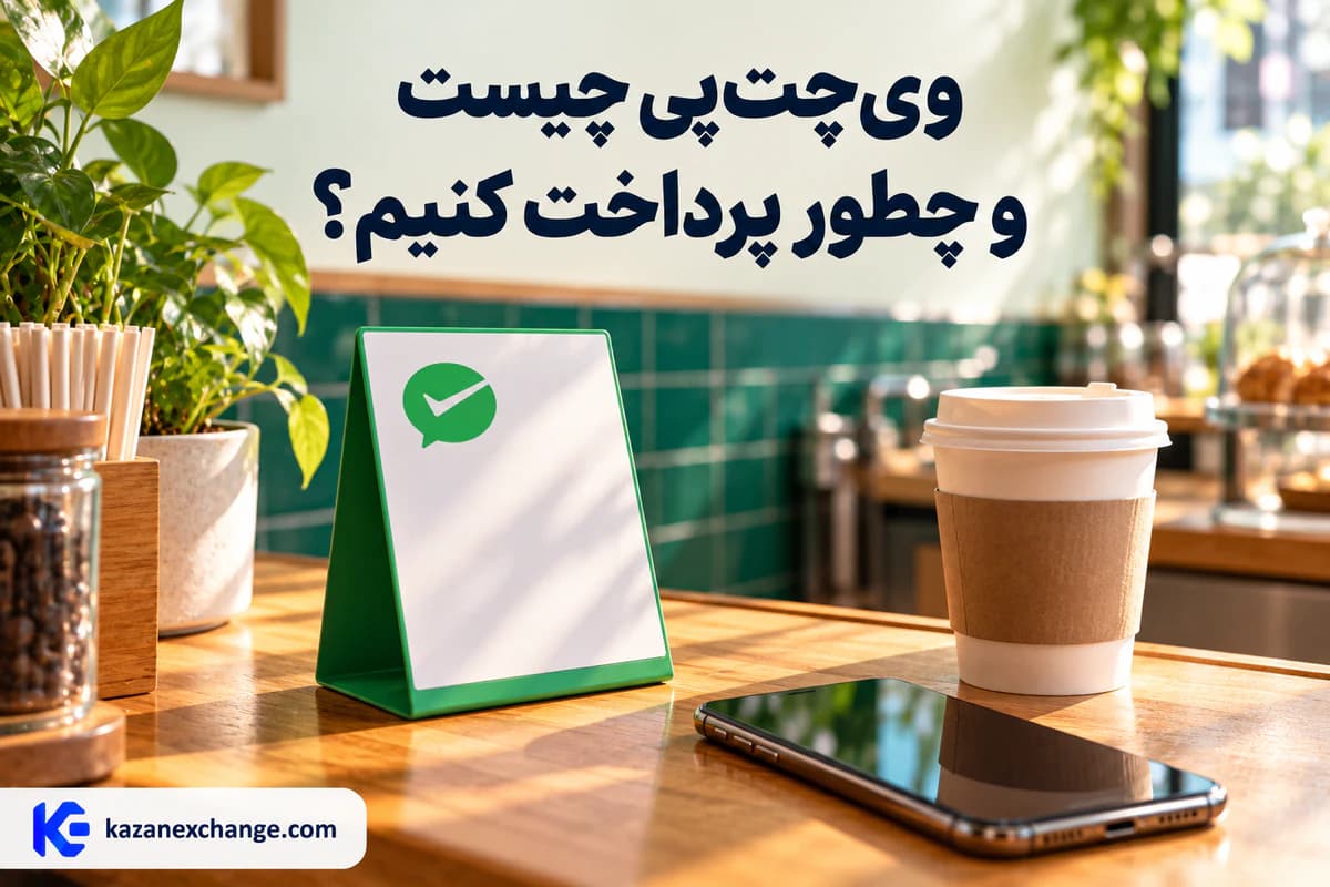 پیشخوان کافهای در شانگهای با استند پرداخت ویچتپی و گوشی کنارش؛ راهنمای حواله یوان به ویچتپی