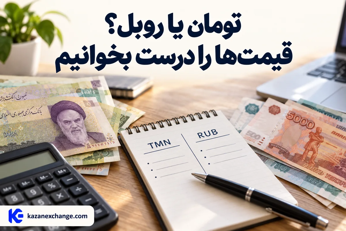 روبل و دو برگهٔ واحد تومان و روبل کنار ماشین‌حساب؛ راهنمای خواندن قیمت‌ها