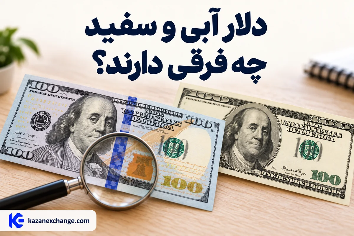 اسکناس صد دلاری آبی و طرح قدیمی سفید در کنار ذره‌بین؛ دلار آبی و سفید چه فرقی دارند؟